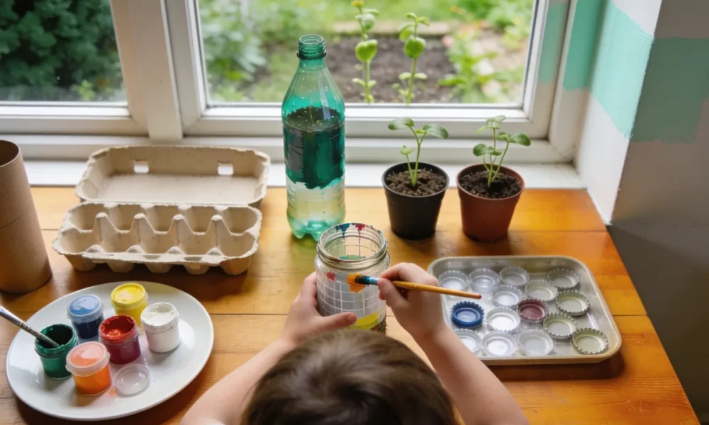 A small child seen from behind painting a recycled jar at a kitchen table, with an egg carton, cardboard tube, paint pots, bottle caps and seedlings around them