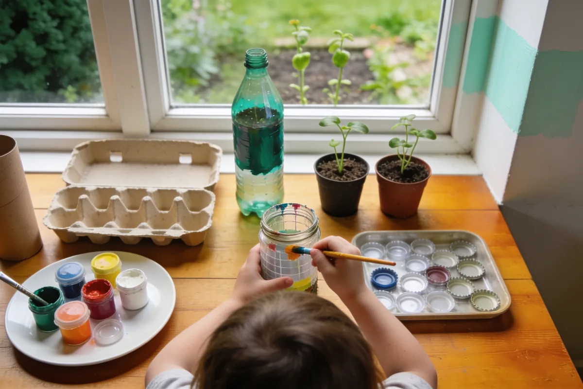 A small child seen from behind painting a recycled jar at a kitchen table, with an egg carton, cardboard tube, paint pots, bottle caps and seedlings around them