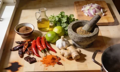 A kitchen bench spread of ingredients from several cuisines, with dried and fresh chillies, limes, garlic, ginger, coriander, a stone mortar and a jug of oil