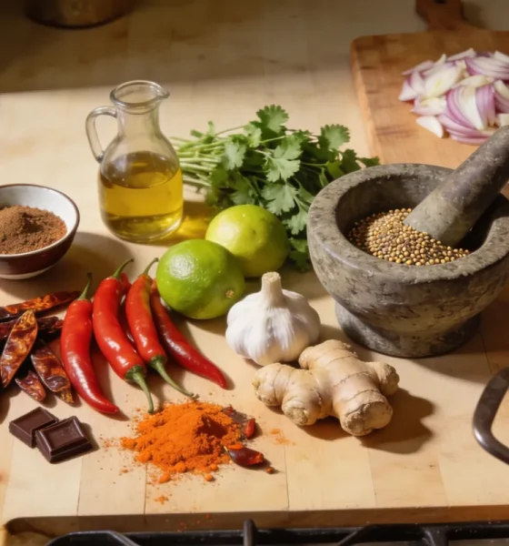 A kitchen bench spread of ingredients from several cuisines, with dried and fresh chillies, limes, garlic, ginger, coriander, a stone mortar and a jug of oil