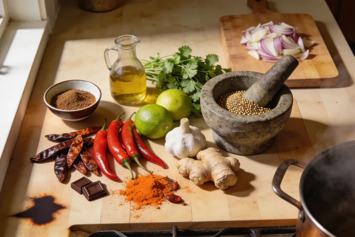 A kitchen bench spread of ingredients from several cuisines, with dried and fresh chillies, limes, garlic, ginger, coriander, a stone mortar and a jug of oil