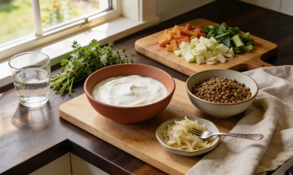 A kitchen bench with a bowl of yoghurt, a bowl of lentils, a dish of sauerkraut, a board of chopped vegetables and fresh herbs