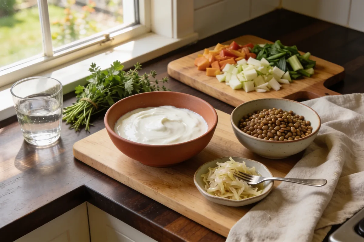 A kitchen bench with a bowl of yoghurt, a bowl of lentils, a dish of sauerkraut, a board of chopped vegetables and fresh herbs