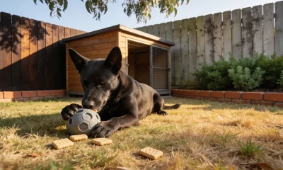 A black kelpie lying on a backyard lawn working a rubber treat-dispensing ball between its paws, with biscuits on the grass and a kennel behind