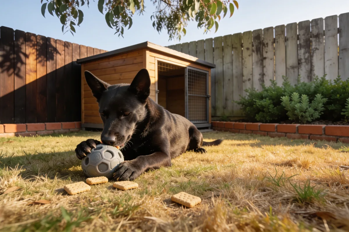 A black kelpie lying on a backyard lawn working a rubber treat-dispensing ball between its paws, with biscuits on the grass and a kennel behind