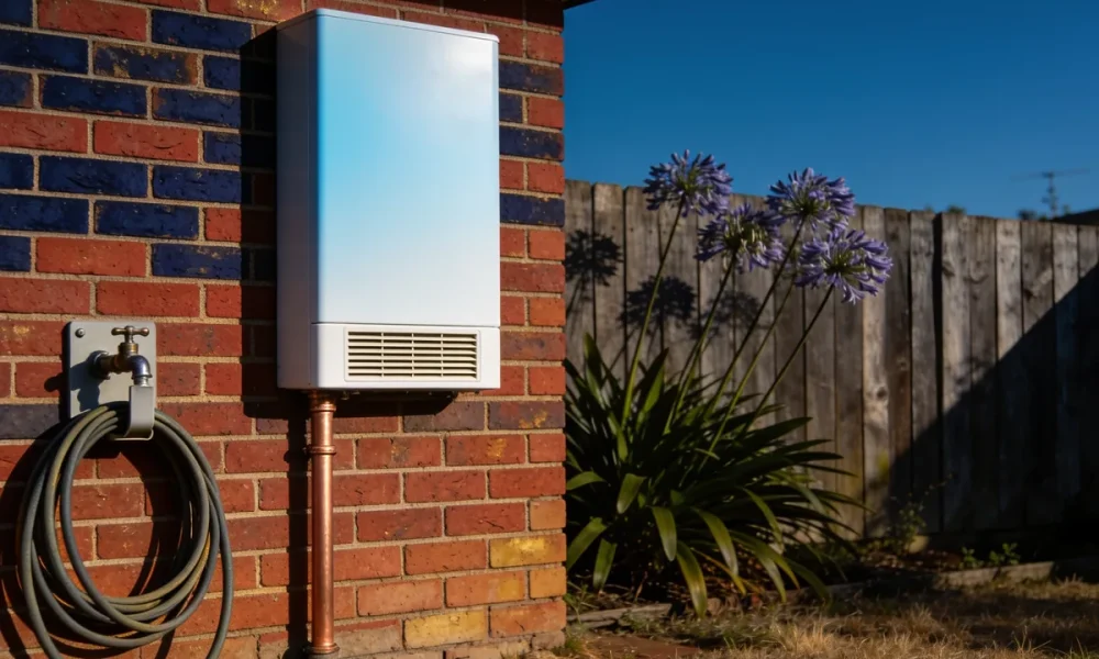 A white tankless hot water unit mounted on the exterior brick wall of a suburban home, with a copper pipe, garden tap and coiled hose in morning light