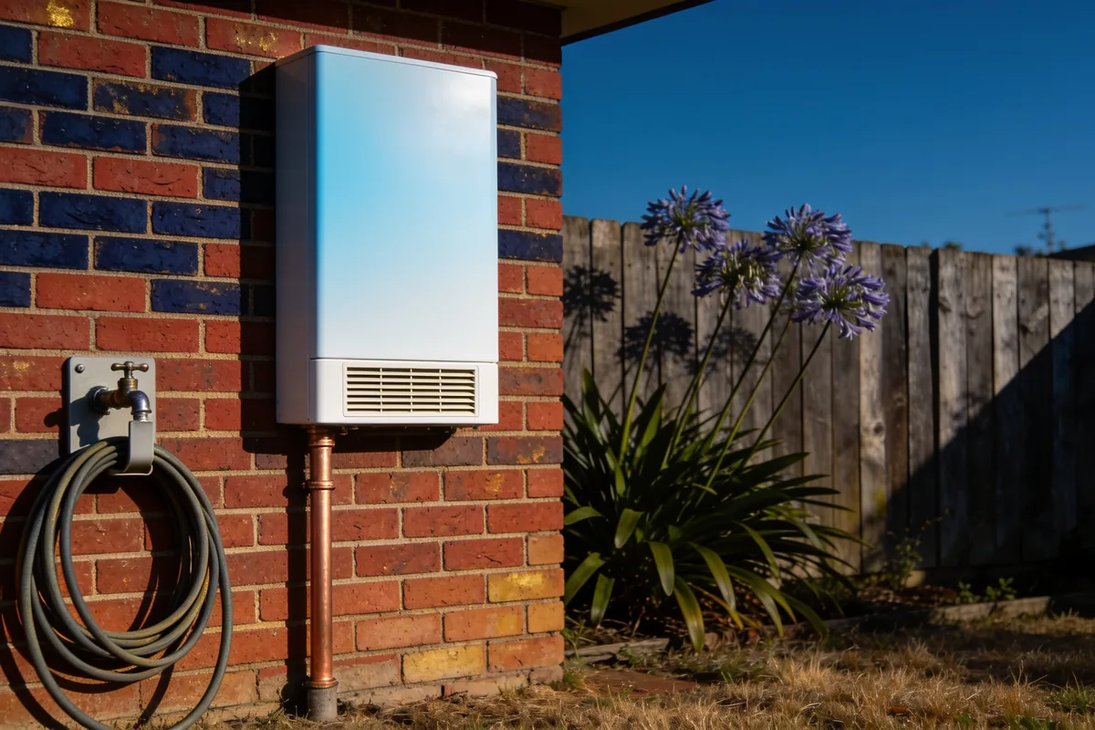 A white tankless hot water unit mounted on the exterior brick wall of a suburban home, with a copper pipe, garden tap and coiled hose in morning light