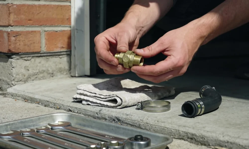 Hands holding a brass cooling-system fitting over a folded cloth on a concrete driveway, with a hose clamp, a radiator hose and a tray of spanners beside them