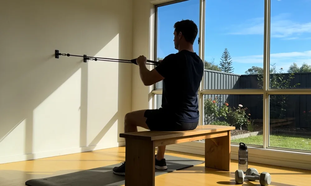 A person seated on a bench pulling a resistance band anchored to a wall, seen from behind in a sunlit room with a garden through the window