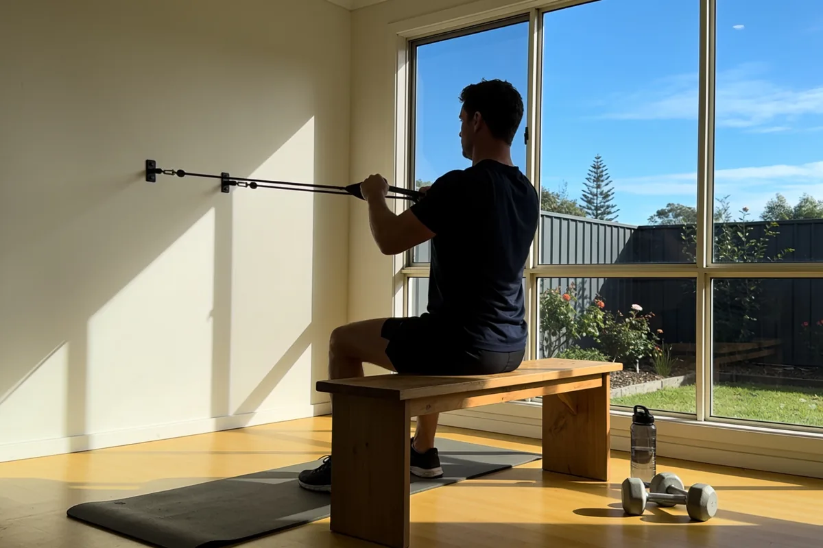 A person seated on a bench pulling a resistance band anchored to a wall, seen from behind in a sunlit room with a garden through the window