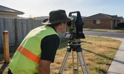 A surveyor in a high-visibility vest sighting through a total station on a tripod on a suburban house block, timber boundary post and fence behind