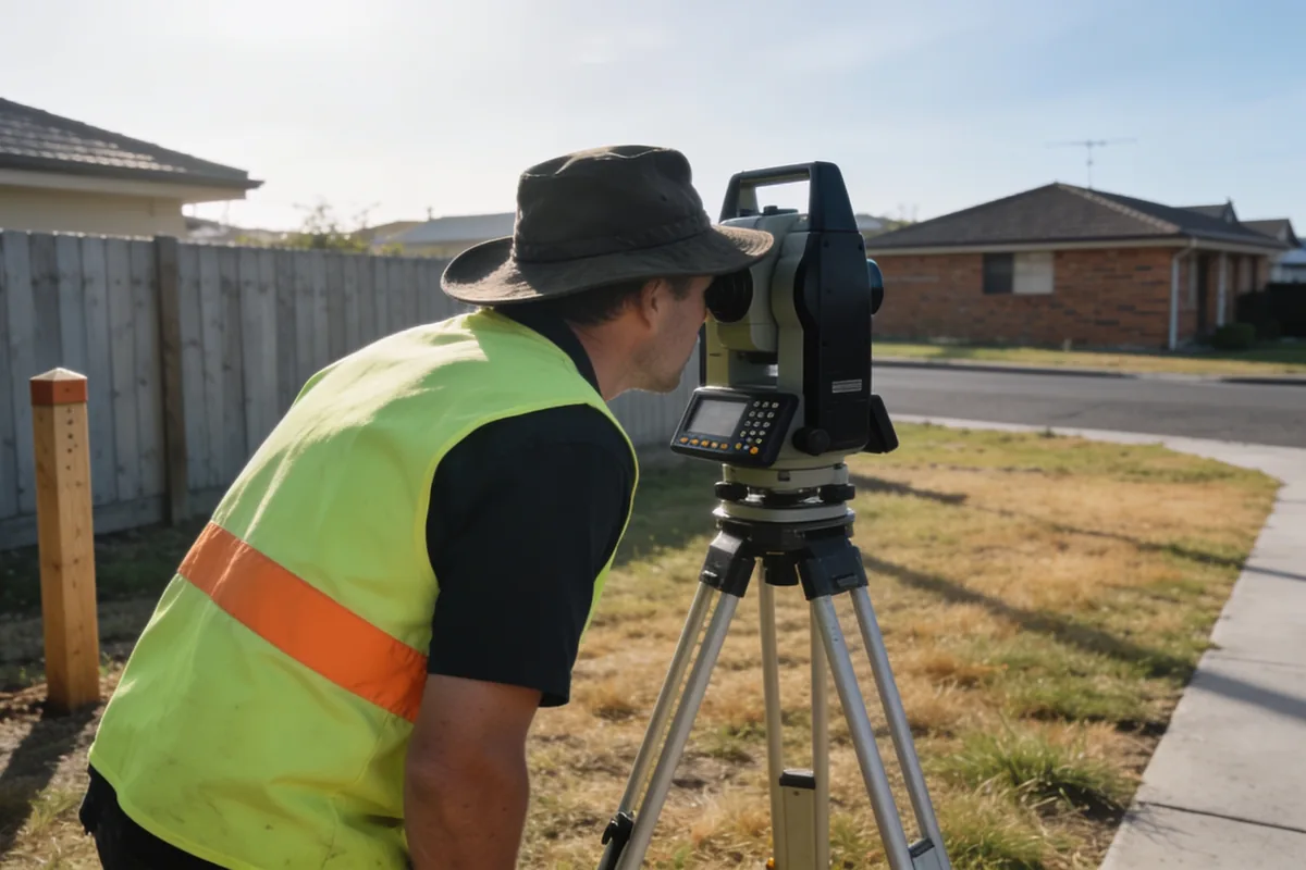 A surveyor in a high-visibility vest sighting through a total station on a tripod on a suburban house block, timber boundary post and fence behind