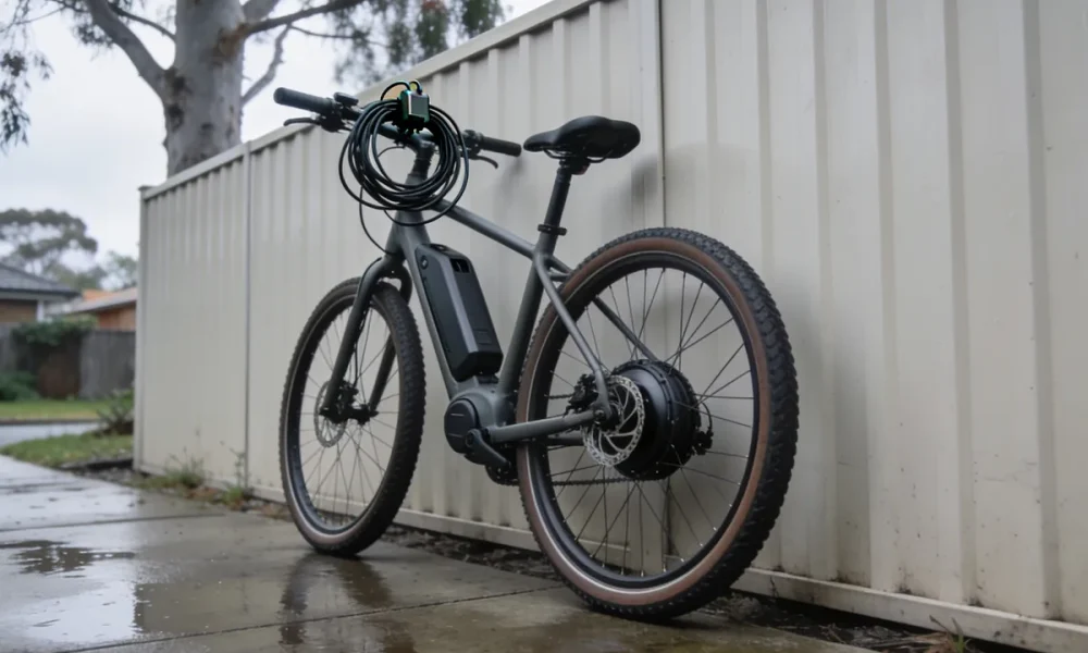 An unbranded e-bike leaning against a paling fence in a suburban Australian yard, its hub motor, coiled cable over the handlebar and disc brake visible on wet concrete