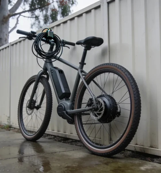 An unbranded e-bike leaning against a paling fence in a suburban Australian yard, its hub motor, coiled cable over the handlebar and disc brake visible on wet concrete