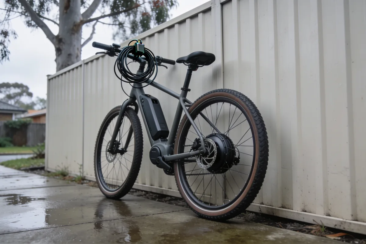 An unbranded e-bike leaning against a paling fence in a suburban Australian yard, its hub motor, coiled cable over the handlebar and disc brake visible on wet concrete