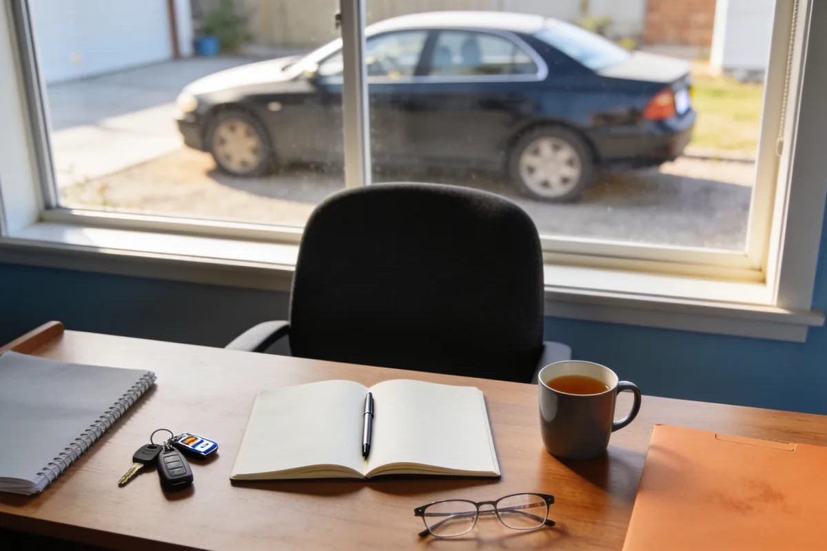 A home desk with an open notebook of blank pages, a pen, car keys, glasses and a mug of tea, with a car parked in the driveway beyond the window