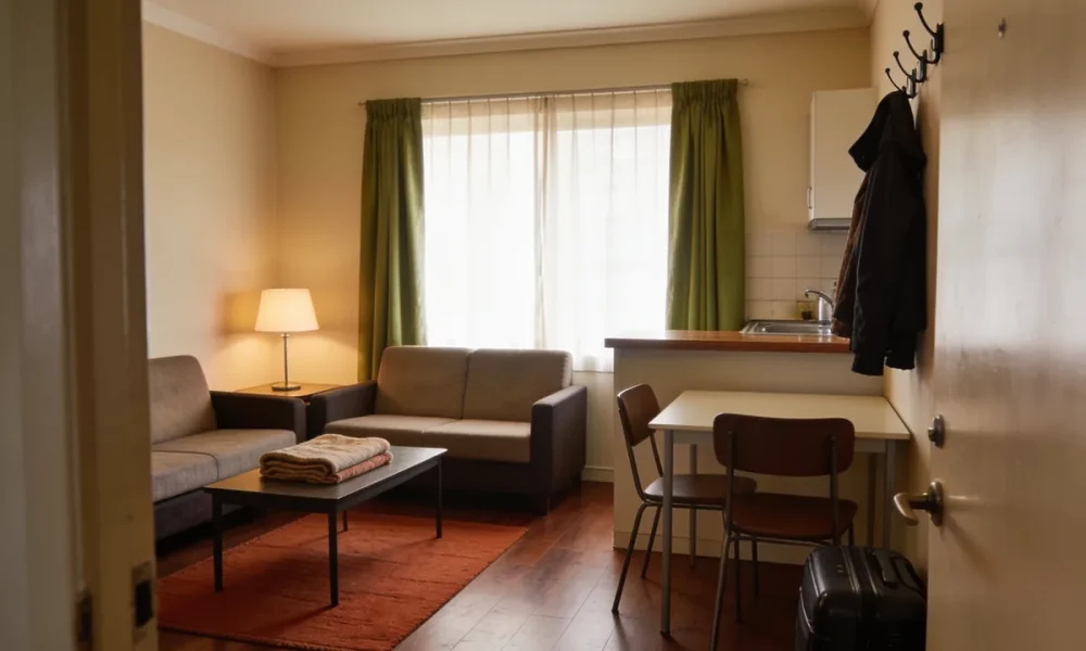 A furnished short-stay unit with a small sofa, dining table and kitchenette, a suitcase by the door and coats on hooks, seen from the doorway