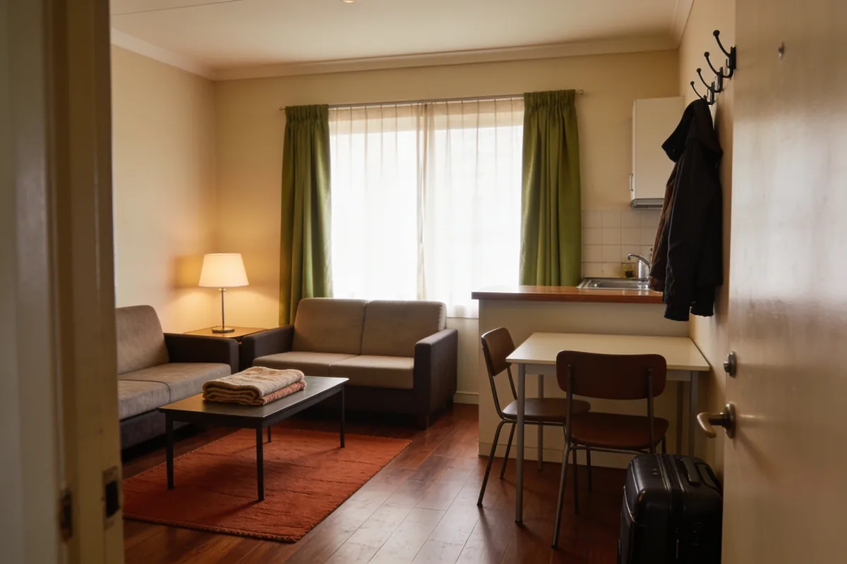 A furnished short-stay unit with a small sofa, dining table and kitchenette, a suitcase by the door and coats on hooks, seen from the doorway
