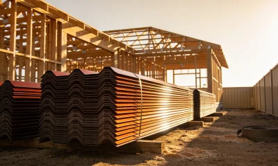 Stacks of new corrugated steel roofing sheets on timber bearers at a suburban building site, with the timber frame of a new house behind in late-afternoon sun