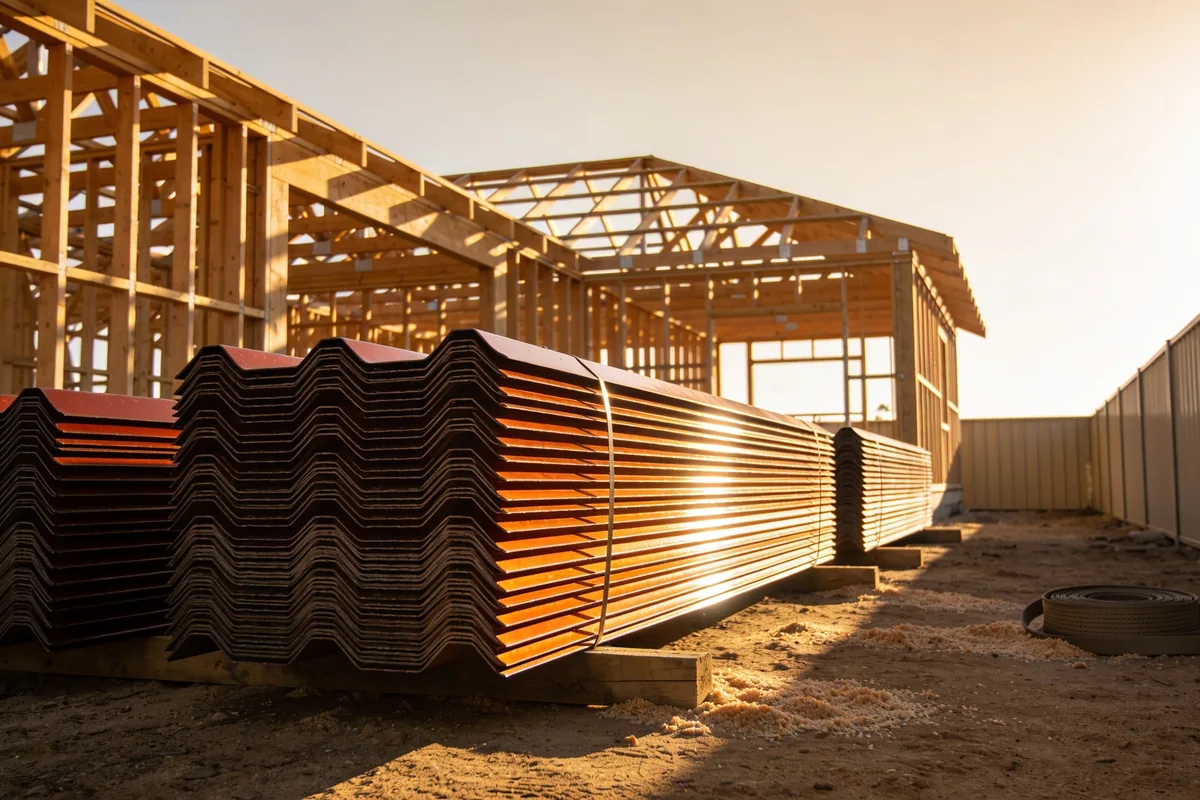 Stacks of new corrugated steel roofing sheets on timber bearers at a suburban building site, with the timber frame of a new house behind in late-afternoon sun