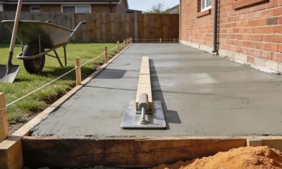 A freshly poured concrete driveway held in timber formwork with a screed board and float on the surface, and a wheelbarrow and shovel on the lawn beside it