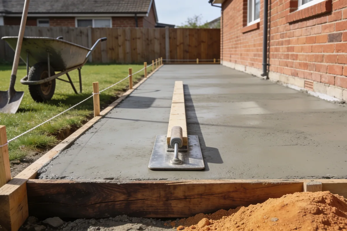 A freshly poured concrete driveway held in timber formwork with a screed board and float on the surface, and a wheelbarrow and shovel on the lawn beside it