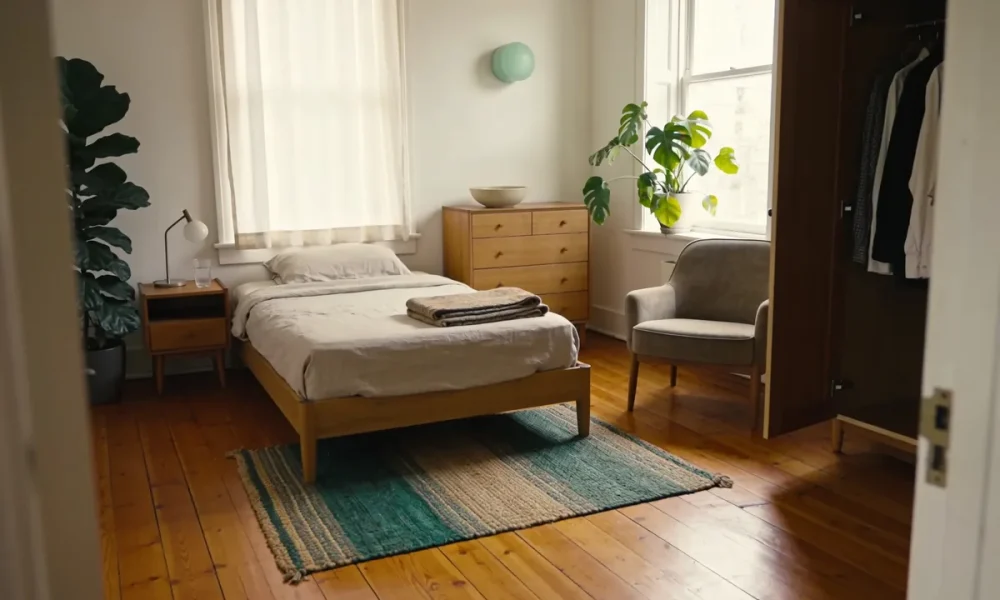 A neat bedroom in a shared home with a made bed, a chest of drawers, an armchair by the window with a plant, and an open wardrobe with hanging clothes