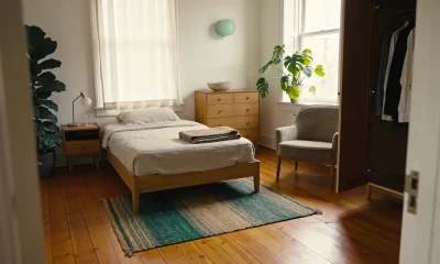 A neat bedroom in a shared home with a made bed, a chest of drawers, an armchair by the window with a plant, and an open wardrobe with hanging clothes