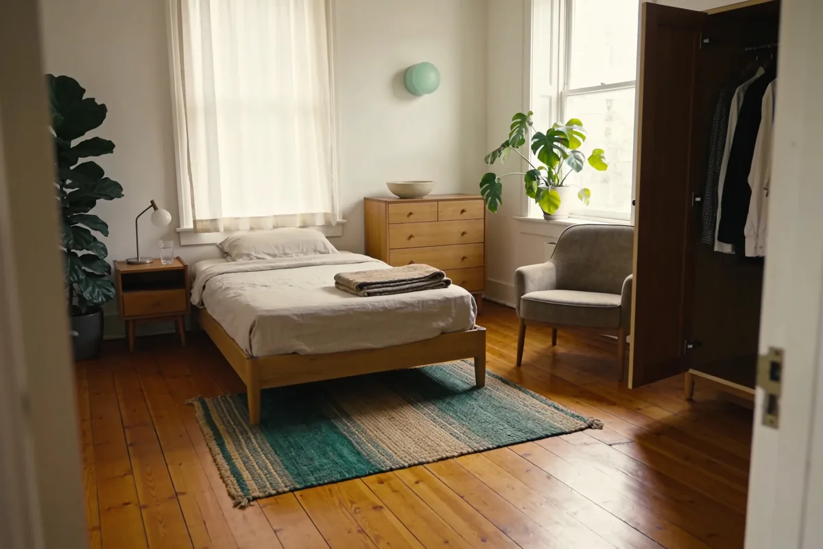 A neat bedroom in a shared home with a made bed, a chest of drawers, an armchair by the window with a plant, and an open wardrobe with hanging clothes