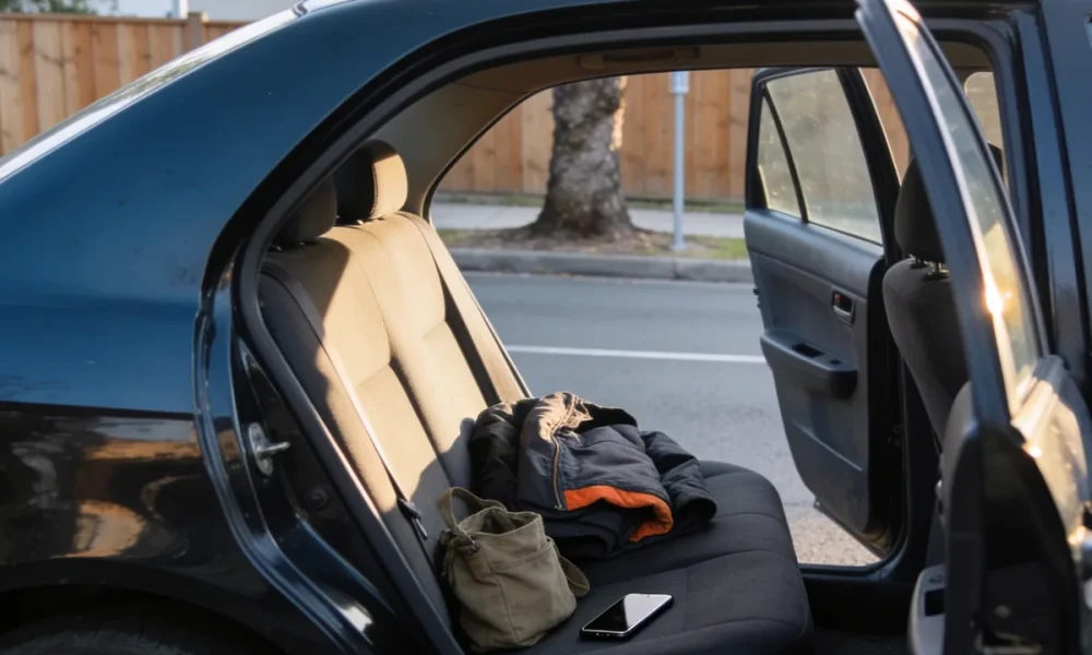 An open rear car door with a jacket, canvas bag and phone left on the back seat, on a quiet suburban street in the afternoon
