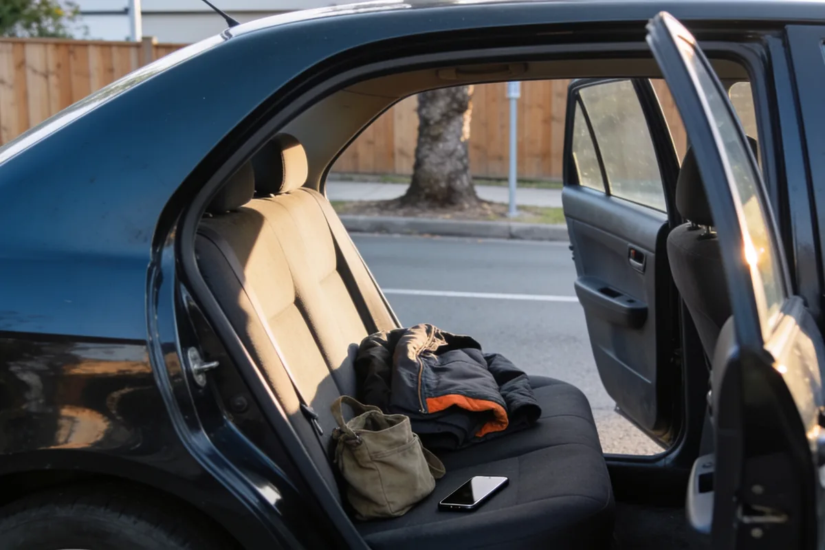 An open rear car door with a jacket, canvas bag and phone left on the back seat, on a quiet suburban street in the afternoon
