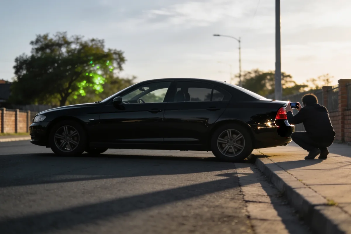 A person crouched beside a dark prestige sedan at the kerb photographing its paintwork with a phone, backlit in late-afternoon light