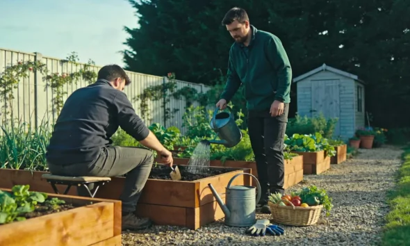 Two people working raised vegetable beds in a community garden, one seated on a stool with a trowel and one watering, a basket of produce on the gravel path