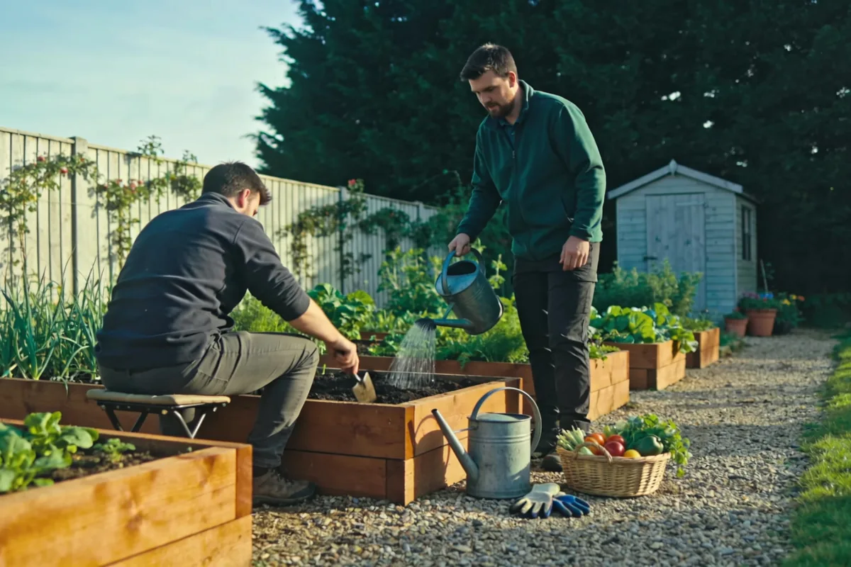 Two people working raised vegetable beds in a community garden, one seated on a stool with a trowel and one watering, a basket of produce on the gravel path