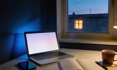 A desk at dusk with an open laptop showing a plain pale screen, a phone with a dark screen, a notebook of blank pages, a mug and a lamp