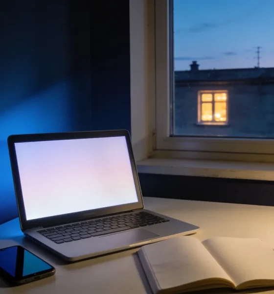 A desk at dusk with an open laptop showing a plain pale screen, a phone with a dark screen, a notebook of blank pages, a mug and a lamp