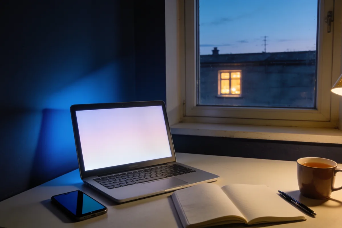 A desk at dusk with an open laptop showing a plain pale screen, a phone with a dark screen, a notebook of blank pages, a mug and a lamp