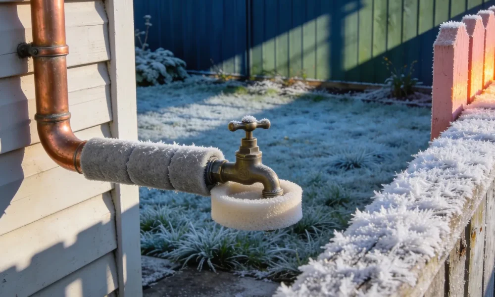 An outdoor garden tap and copper pipe wrapped in grey foam lagging on a weatherboard wall, frost thick on the grass and paling fence on a winter morning
