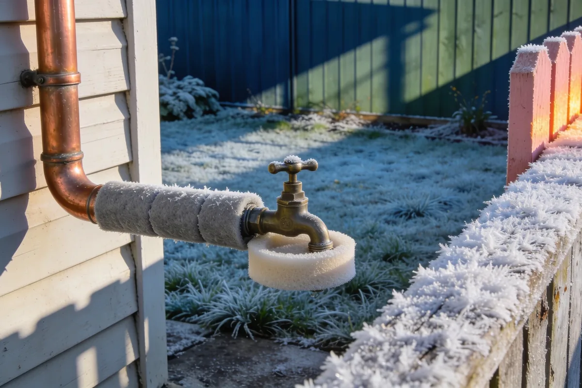 An outdoor garden tap and copper pipe wrapped in grey foam lagging on a weatherboard wall, frost thick on the grass and paling fence on a winter morning