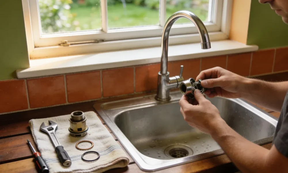 Hands working on a dismantled kitchen mixer tap over a stainless steel sink, the cartridge, O-rings, spanner and screwdriver laid out on a tea towel beside it