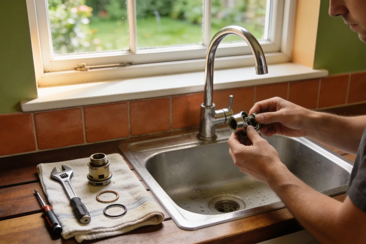 Hands working on a dismantled kitchen mixer tap over a stainless steel sink, the cartridge, O-rings, spanner and screwdriver laid out on a tea towel beside it