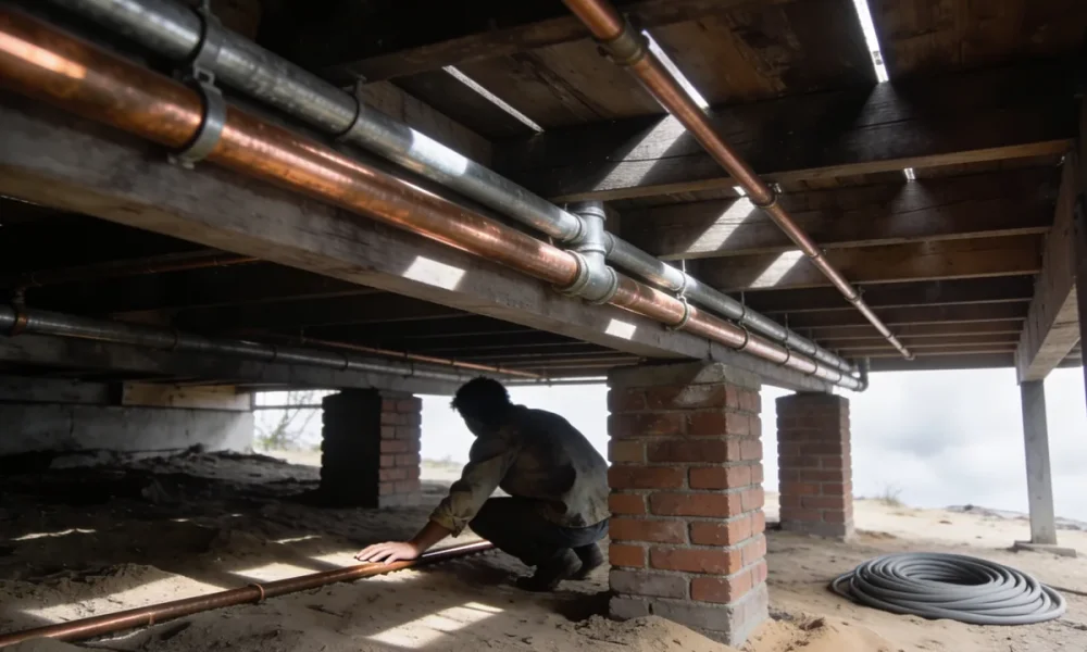 A person crouched under a raised timber-floored house with one hand laid along a copper pipe run, daylight falling between the floorboards above