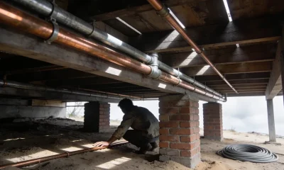 A person crouched under a raised timber-floored house with one hand laid along a copper pipe run, daylight falling between the floorboards above