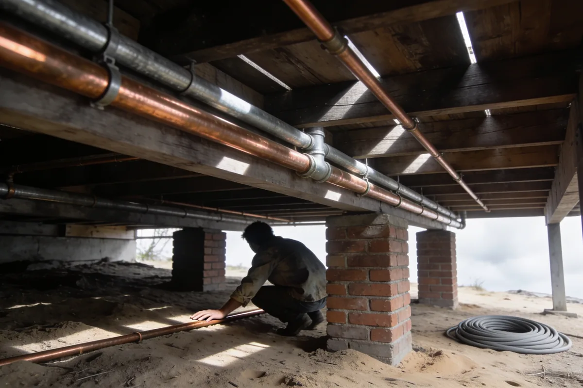 A person crouched under a raised timber-floored house with one hand laid along a copper pipe run, daylight falling between the floorboards above