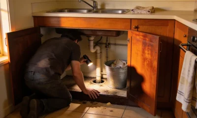 A person kneeling at an open sink cupboard with a torch, checking the waste trap and the cabinet floor for a damp patch