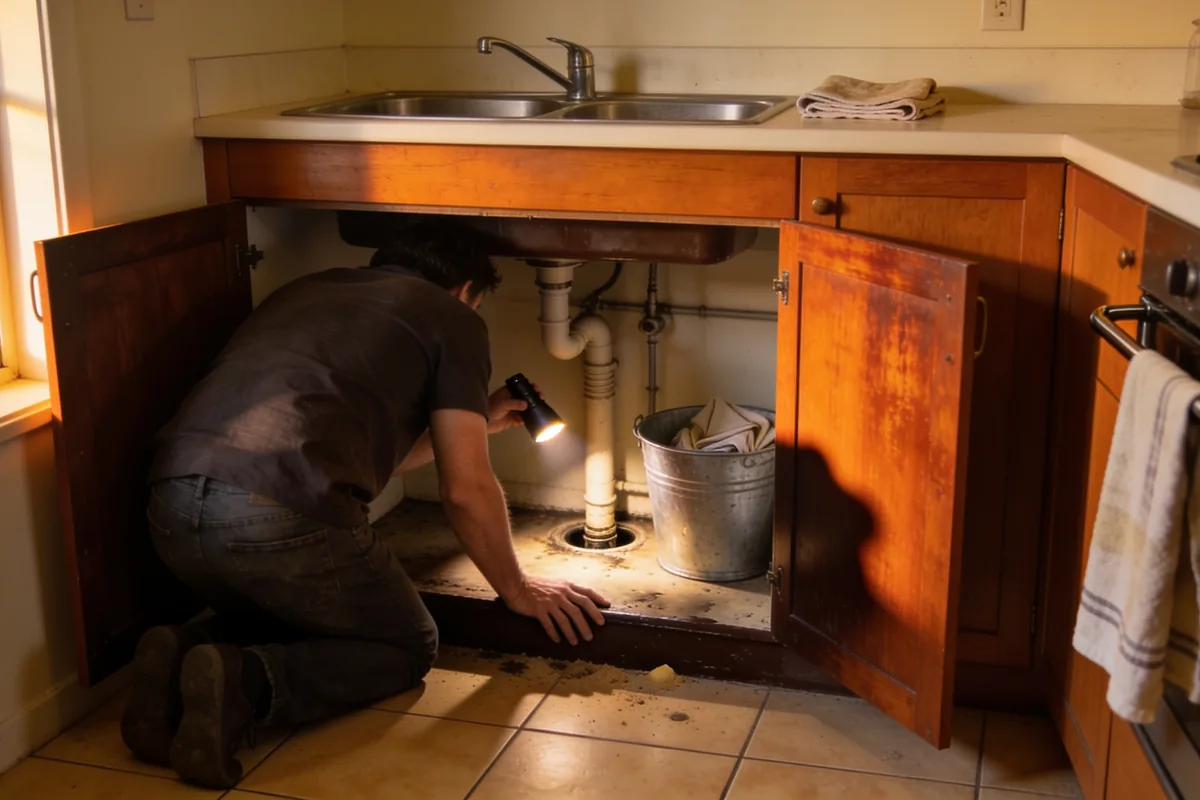 A person kneeling at an open sink cupboard with a torch, checking the waste trap and the cabinet floor for a damp patch