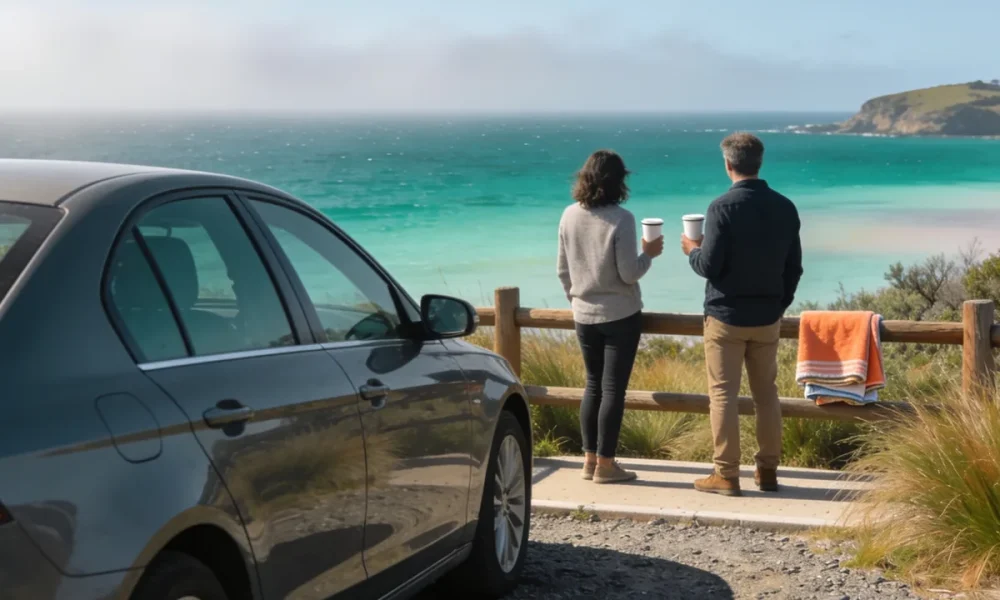 Two people standing at a coastal lookout railing with coffee cups beside a parked car, looking out over turquoise sea towards a headland