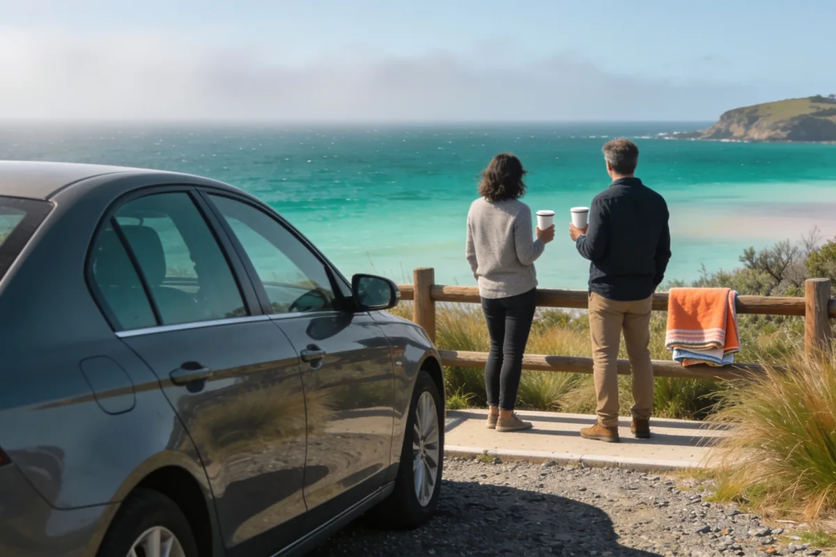 Two people standing at a coastal lookout railing with coffee cups beside a parked car, looking out over turquoise sea towards a headland