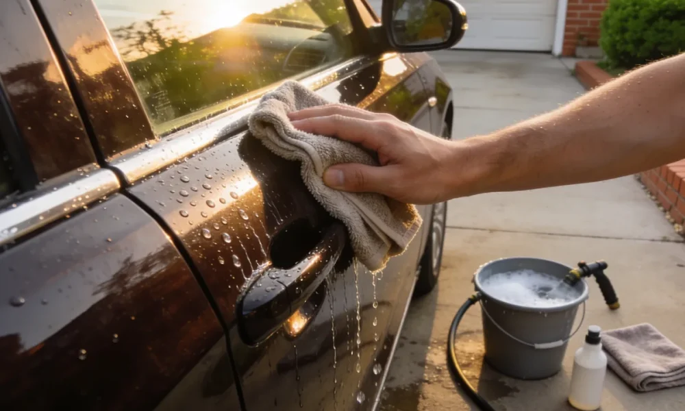 A hand wiping a dark car's door panel with a microfibre cloth, water beading on the paint, with a soapy bucket, hose and towels on the driveway