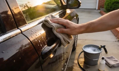 A hand wiping a dark car's door panel with a microfibre cloth, water beading on the paint, with a soapy bucket, hose and towels on the driveway